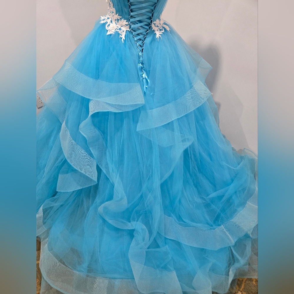 Mila Hoffman Custom Couture Ball Gown, Blue Topaz, White Floral Emroidered Waist - Picture 11 of 17